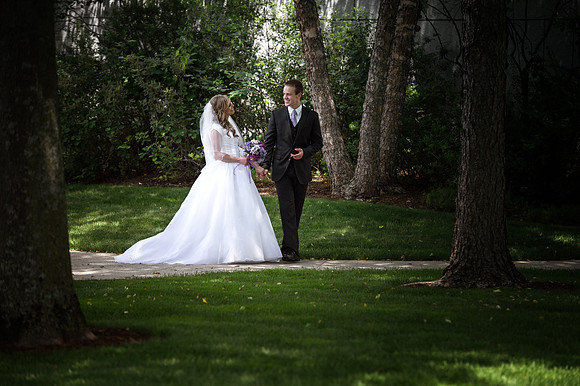 Couple Walking Outside the Temple Trees after Boston, MA LDS Temple Wedding